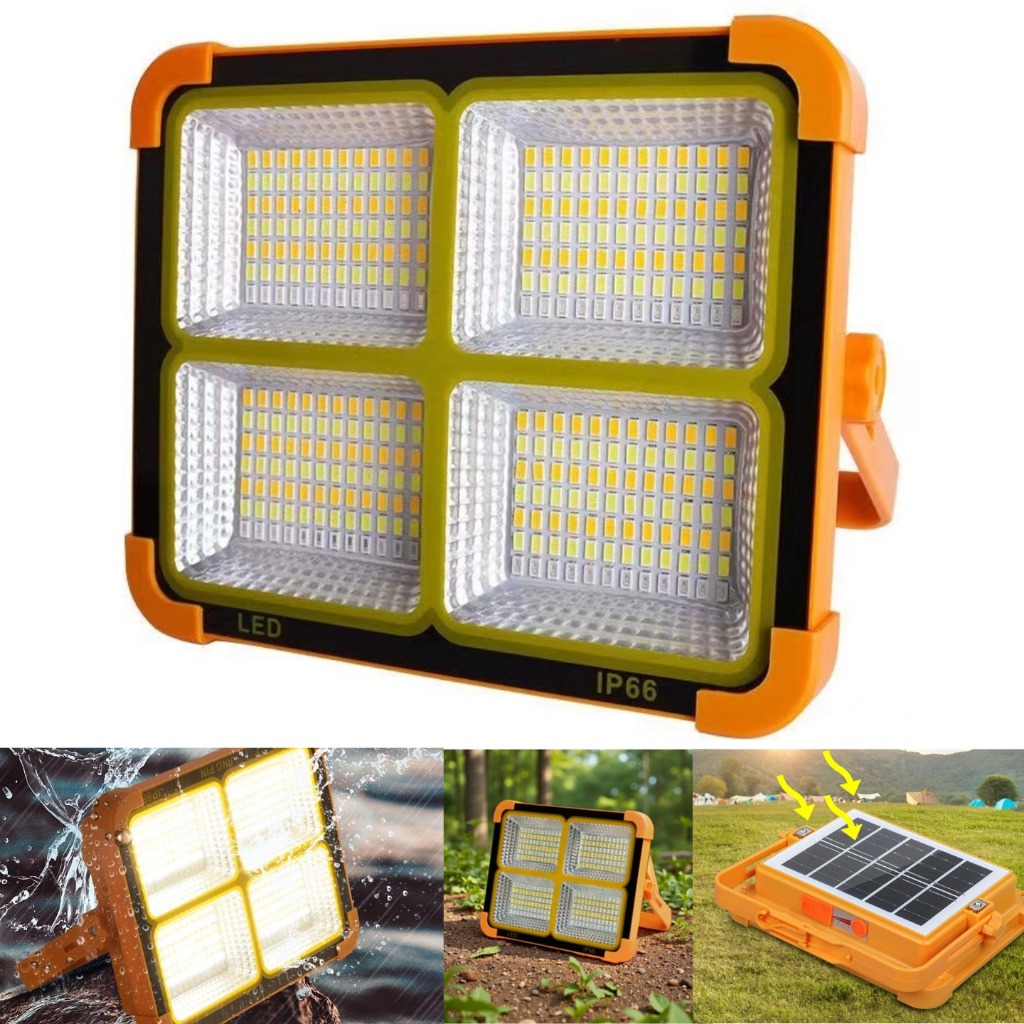 Refletor LED Solar 500W Portátil - Recarregável e Impermeável com Carregador USB