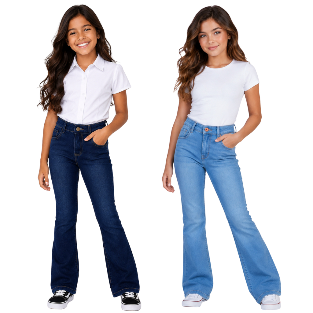 Kit 2 Calça FLARE Jeans infantil Juveni Boca de sino Boiadeira Premio do 10 ao 16