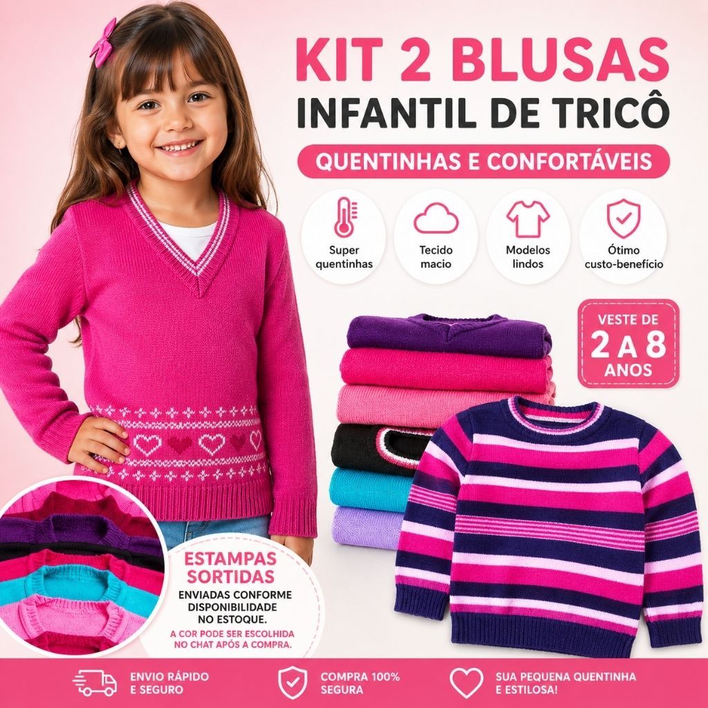 Kit 2 Blusas Infantil Feminina Inverno Tricô Quentinha Menina 4 a 8 Anos Super Quentinha