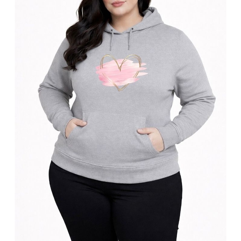 Blusa de Frio Feminina Moletom Plus Size Coração Dourado Flanelado Capuz e Bolso Casaco Fashion Quentinho P ao G5