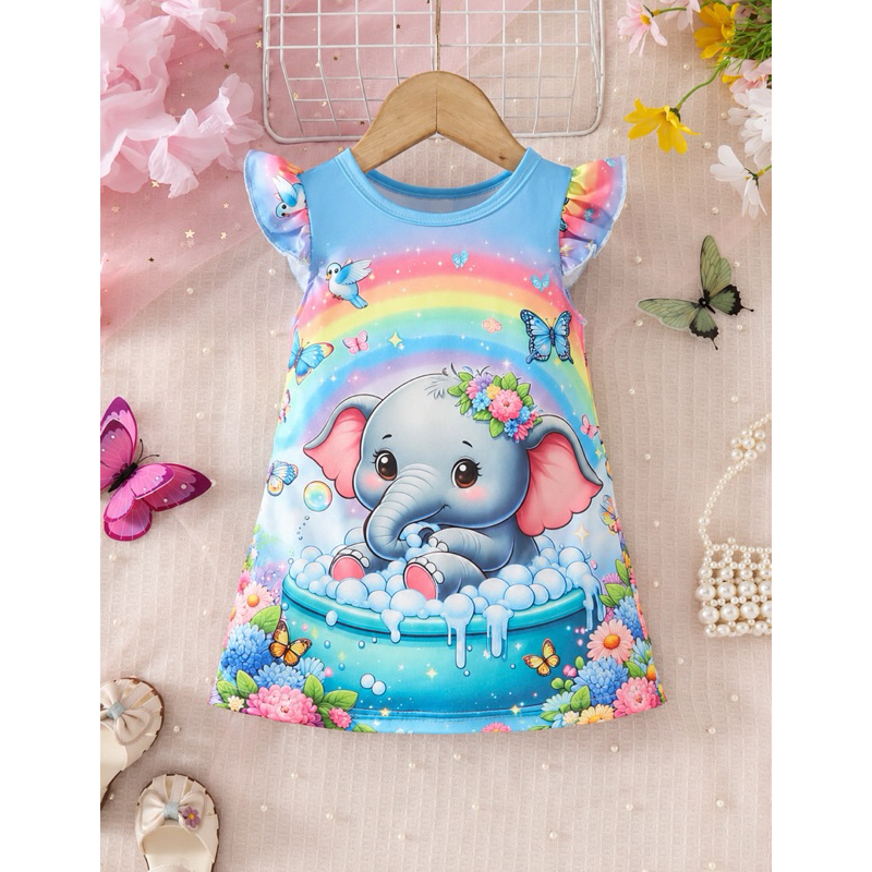 Vestido Casual Simples para Bebê Menina com Estampa de Elefante e Manga Curta