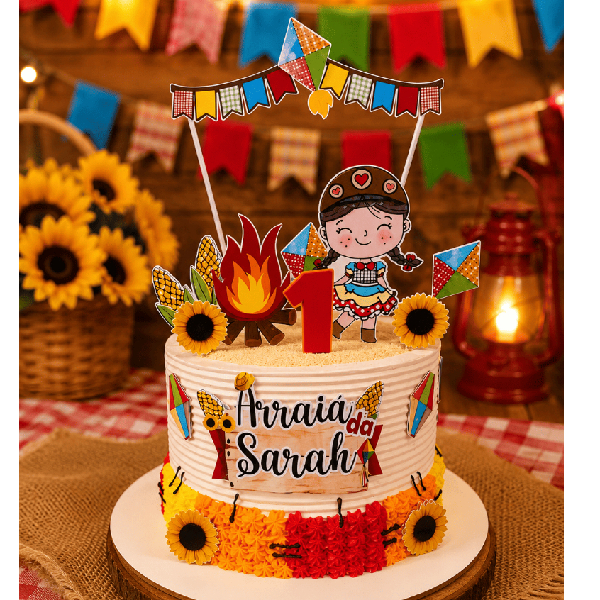 Topo de Bolo Arraiá Personalizado com Nome – Festa Junina - Topper Junino - Mesversário Junino