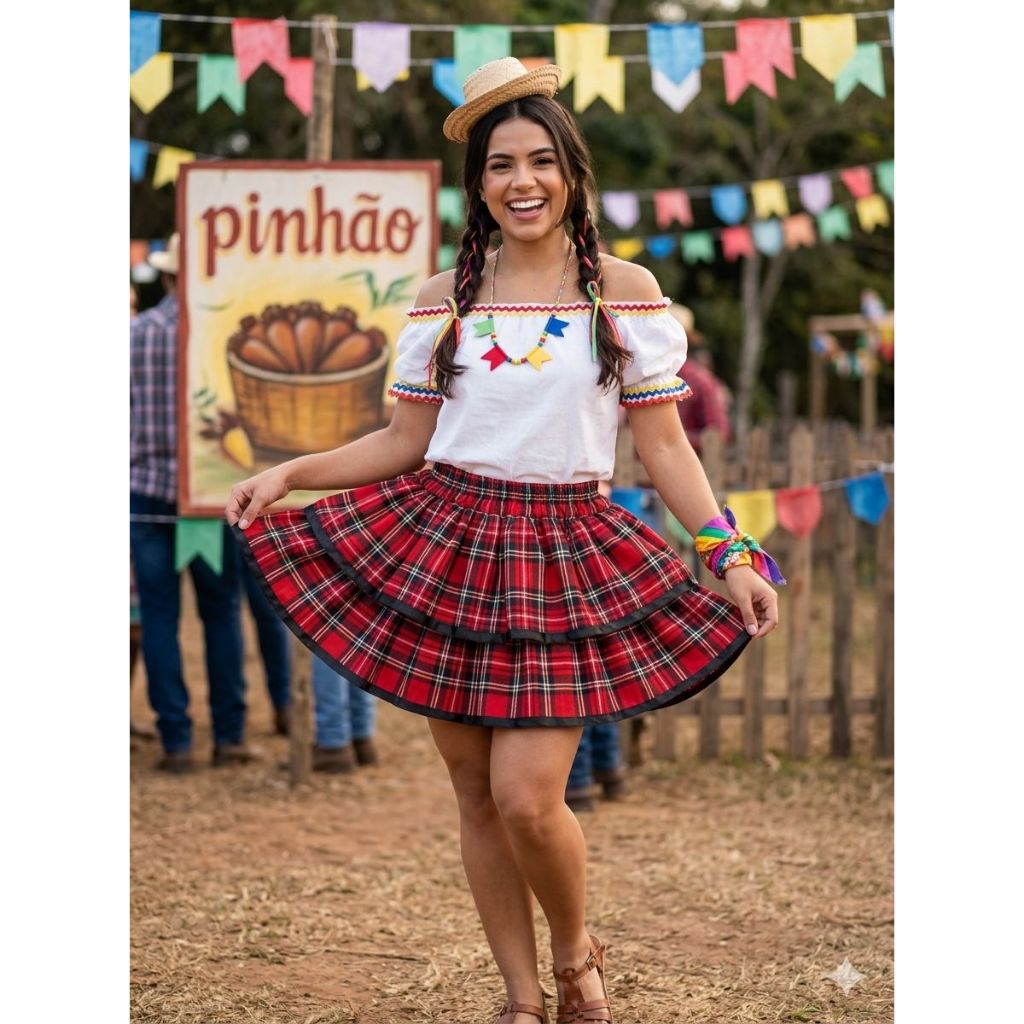 Saia de Festa Junina Adulto Caipira Xadrez Rodada com Babados Renda Fita de Cetim Fantasia Colorida para Quadrilha