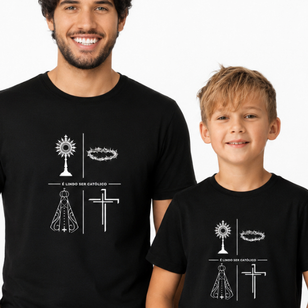 Camiseta É Lindo Ser Católico Unissex Adulto e Infantil Camiseta Religiosa Para a Família