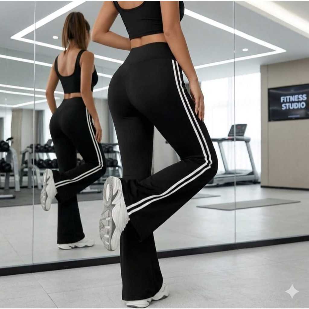 Calça Pantalona Estilo Flare Com Listras Laterais Tecido Suplex Premium Moda Dry Fit Zero Trans.Cos Alto.