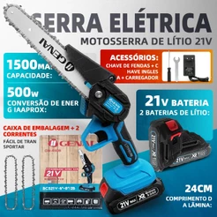 21V Motosserra Eletrica Potente 2 Baterias Recarregavel Sem Fio Madeira Galho Bambu Arvore Folha Carpintaria