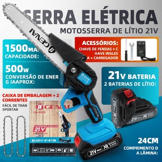 21V Motosserra Eletrica Potente 2 Baterias Recarregavel Sem Fio Madeira Galho Bambu Arvore Folha Carpintaria