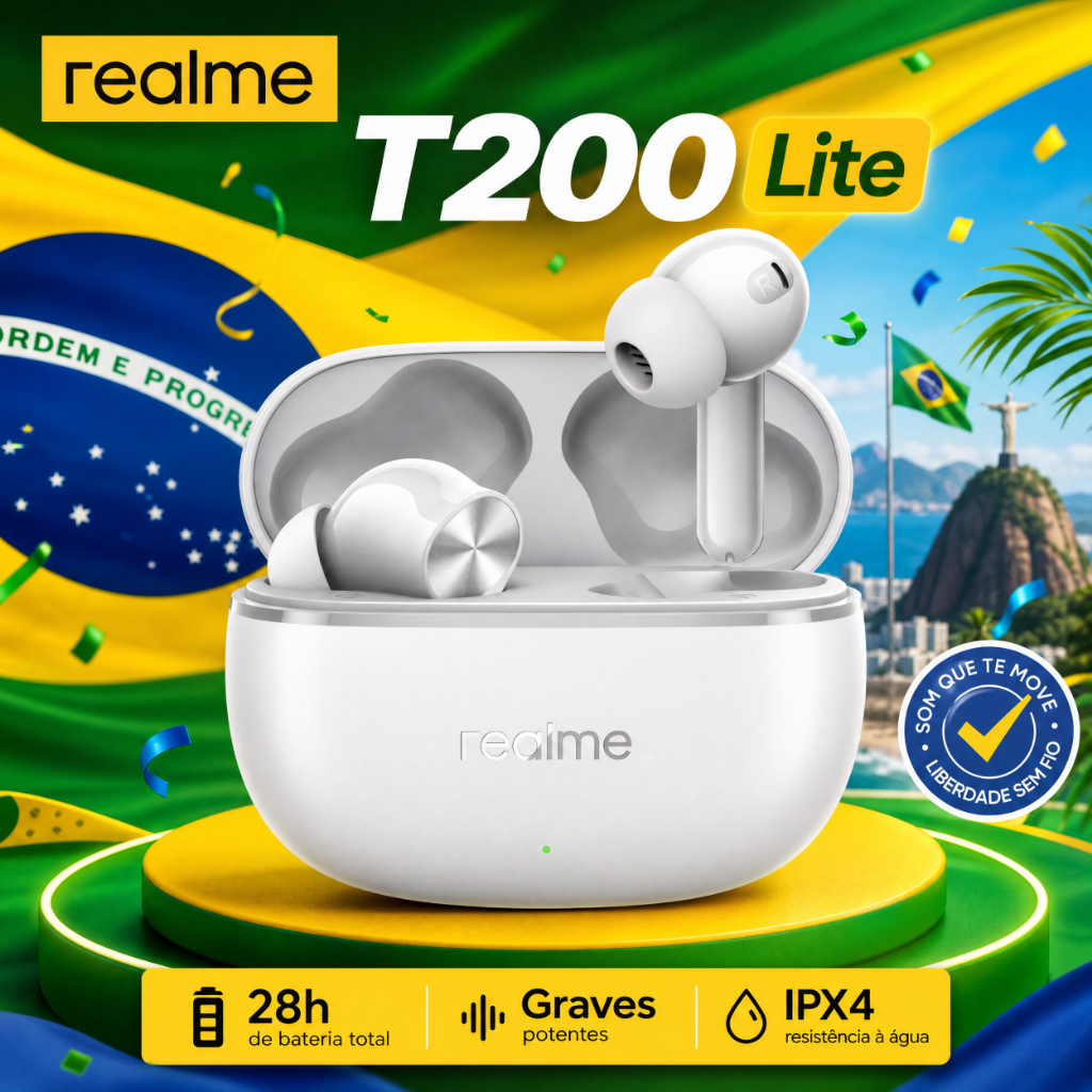 Realme T200 Lite–Fone Sem Fio Bluetooth 5.4, Fone De Ouvido, IPX4 Prova D'Água, 45h de Bateria, Com Microfone Embutido