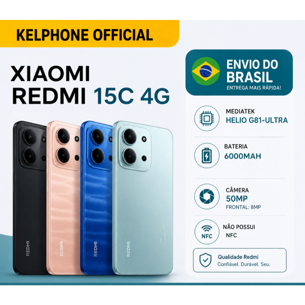 Smartphone Xiaomi Redmi 15C 8GB 256GB 4G Helio G81 Ultra Tela 120Hz Câmera AI 50MP Bateria 6000mAh IP64