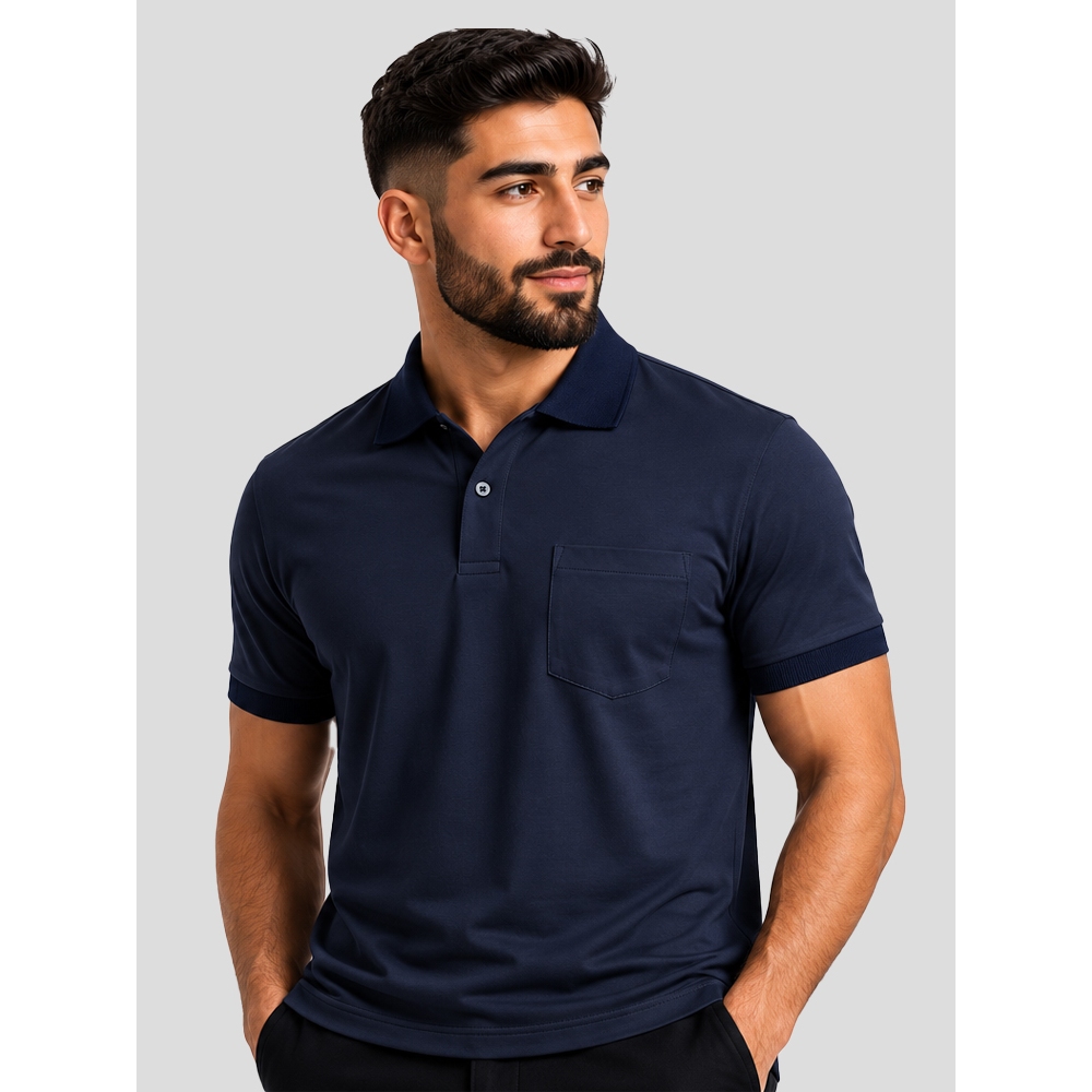 Camisa Polo Com Bolso Alta Qualidade 100%Algodão Cor Azul Marinho