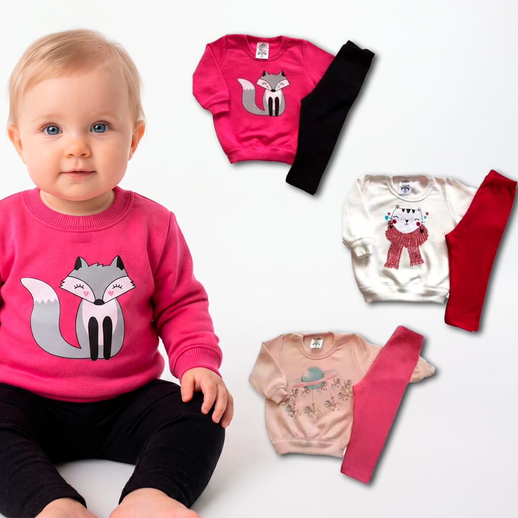 Kit 3 Conjuntos Casaco Moletom Meninas Inverno P, M, G (casaco + calça legging comprida cotton)