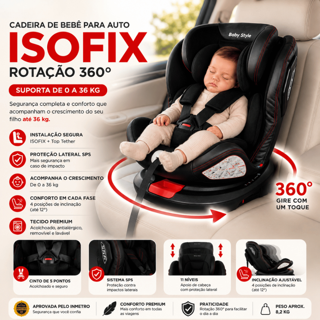 Cadeira Bebê Auto Conforto Cadeirinha ISOFIX 0 a 36kg Rotação 360° SPS Inclinação 4 Posições