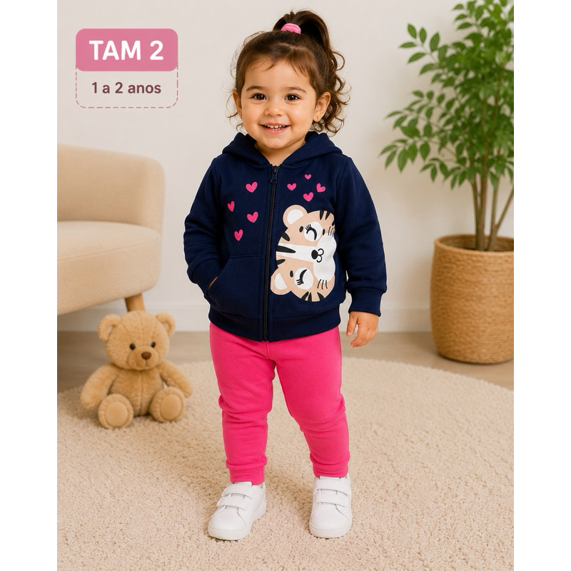 Conjunto Infantil Feminino Moletom Com Capuz Tigrezinha Rosa e Marinho TAM 2 – Quentinho e Confortável