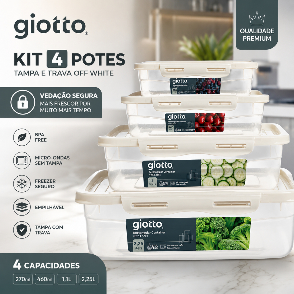 Kit 4 Potes Marmitas Fitness Tampa Trava 270ml 460ml 1,1L 2,25L Off White Freezer Microondas Giotto