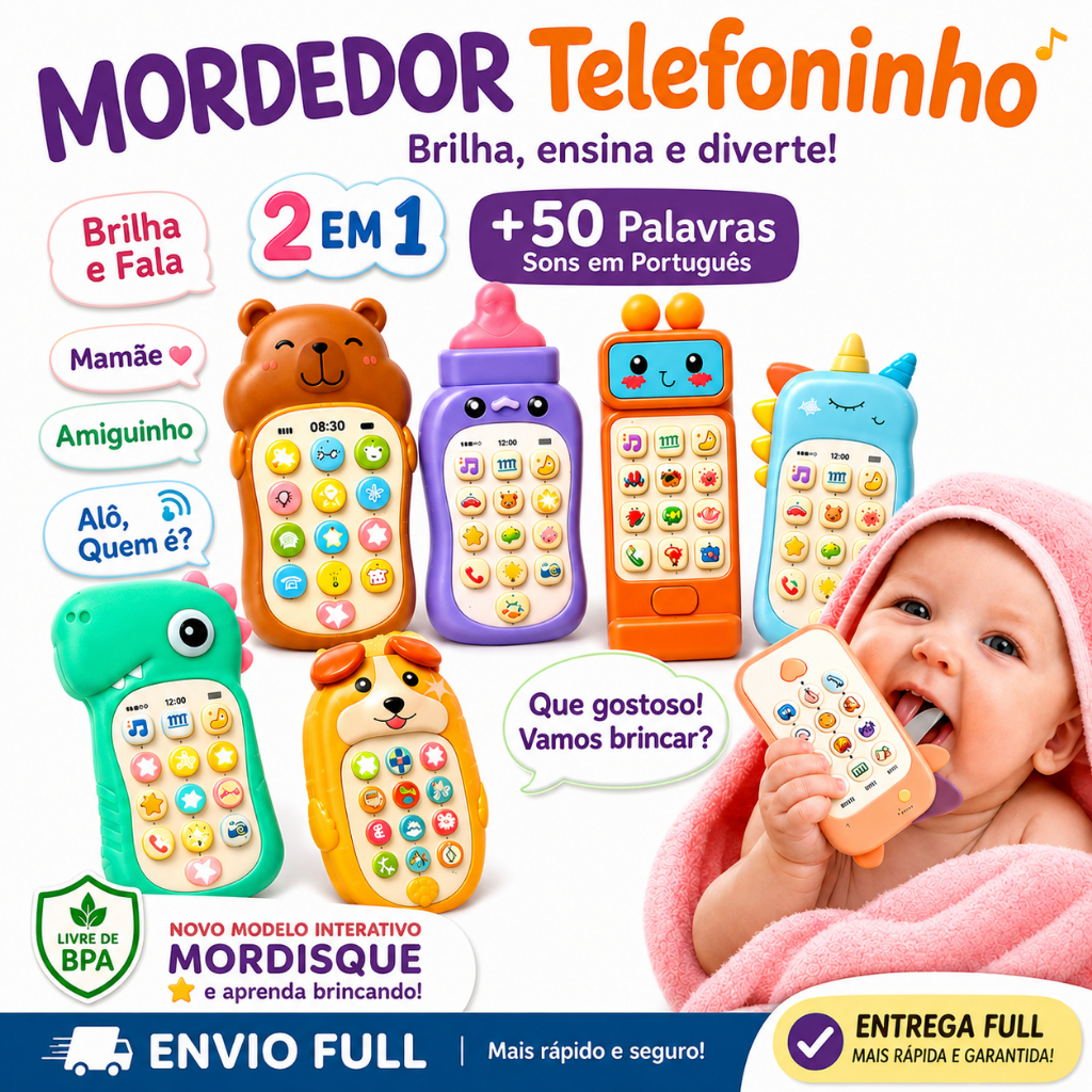 Celular Infantil Musical Telefone Interativo Mordedor com Som e Luz para Bebê