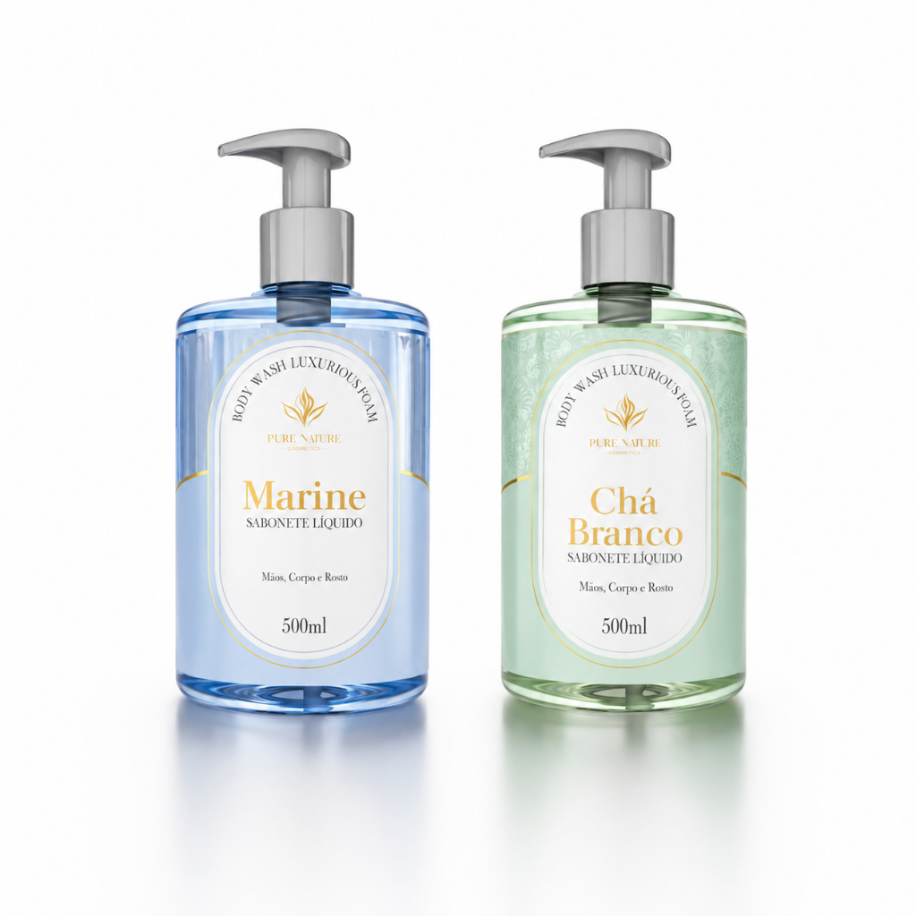 Kit 2 Sabonetes Líquidos 500ml Para Mãos Hidratante Fragrâncias Chá Branco e Marine Pure Nature