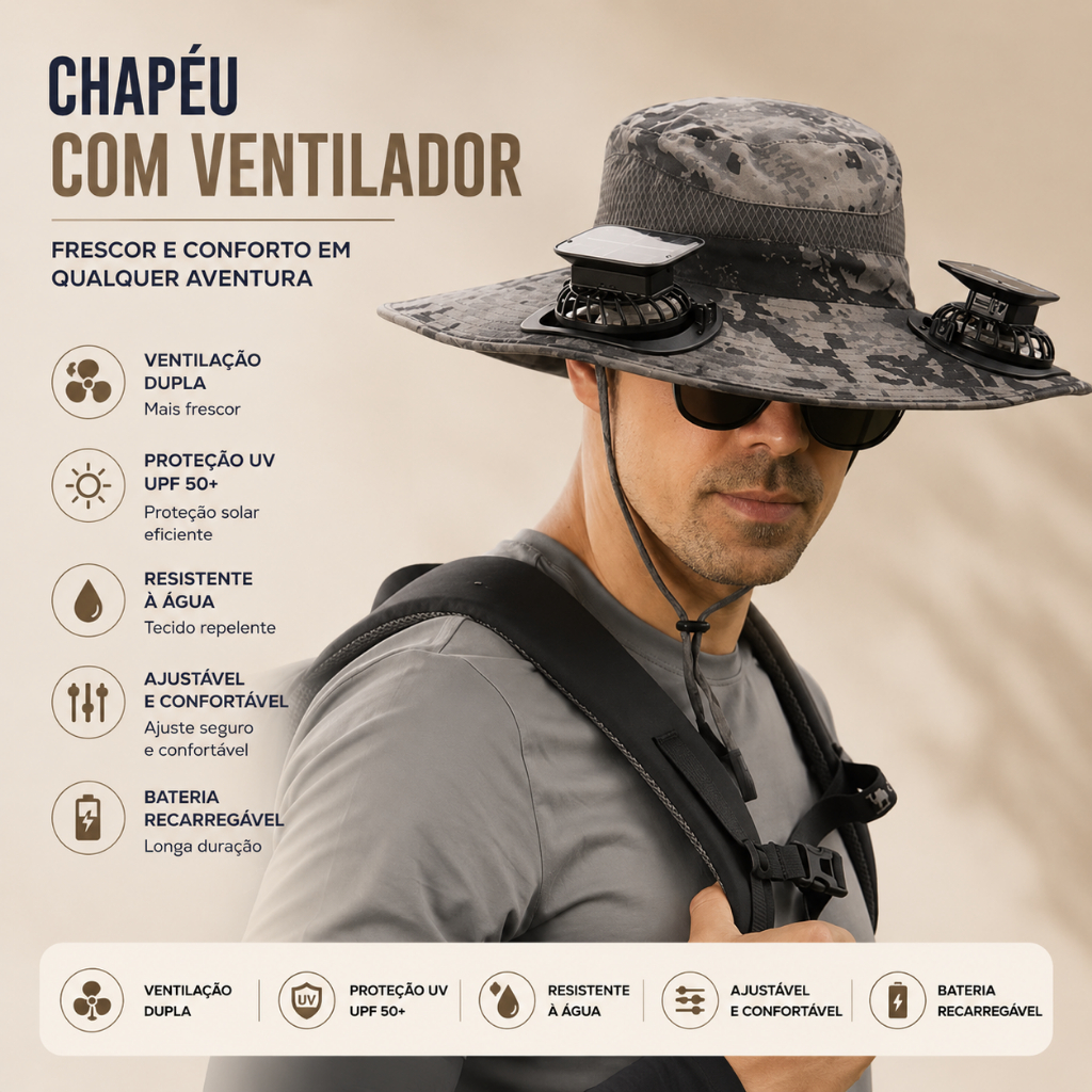 Chapéu Solar com 2 Ventiladores Aba Larga e Proteção UV Ideal para Pesca Camping Praia e Atividades ao Ar Livre