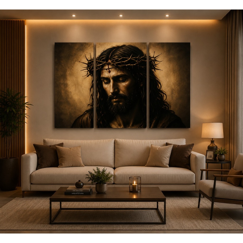 Quadro Decoração Religiosa Moderna Jesus Com  coroa De Espinhos Tons marrons MDF 120X60CM