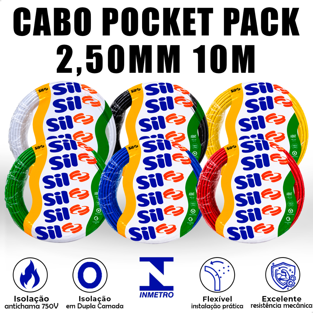 Cabo FlexSil 2,5 mm² Antichama 750V – Pocket Pack 10m Cabo Flexível em Cobre