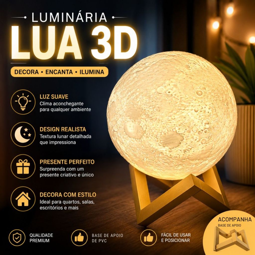 Luminária Mini Lua Cheia Decorativa LED Luz Noturna Criativa Para Quarto, Estudo Ambientes Decoração