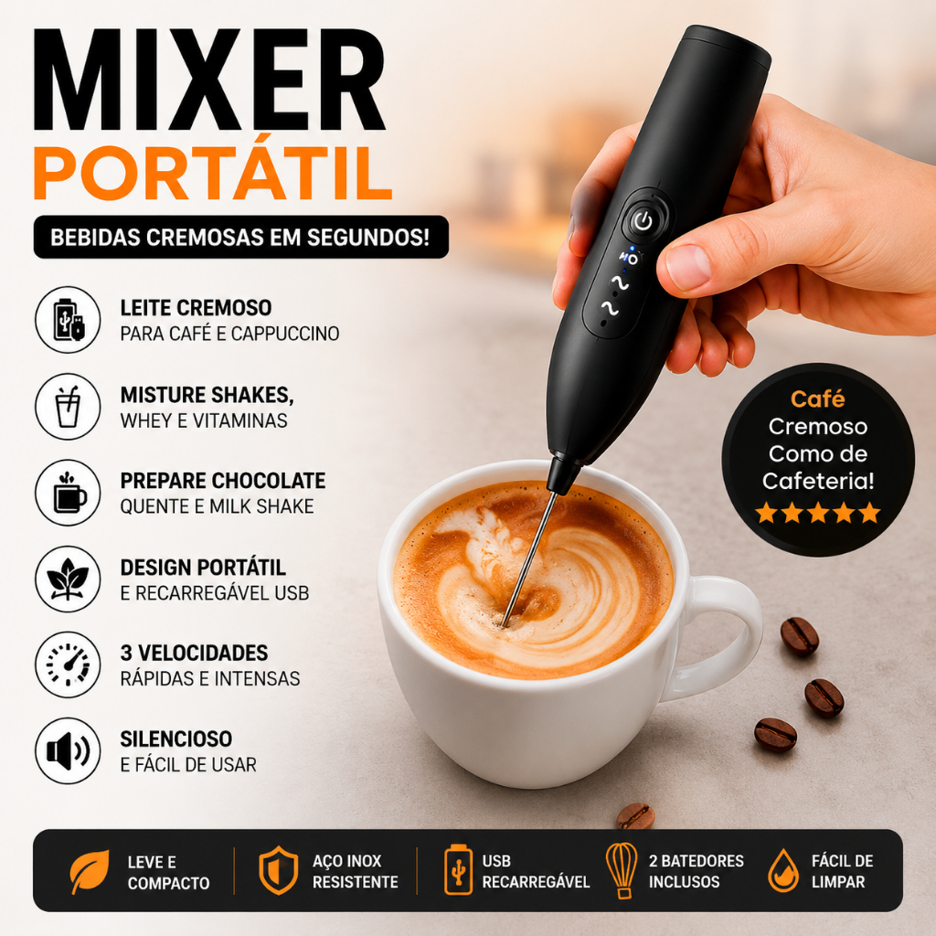 Batedor Misturador Mix Mixer 2 em 1 Elétrico Usb para Bebidas Leite Café Clara de Ovo 3 Velocidade