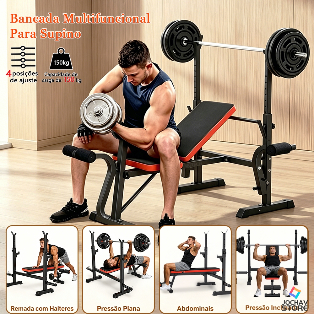 Estação de Musculação Banco De Supino Suporta até 150 kg Multifuncional Fácil Montagem Ideal para Treino em Casa