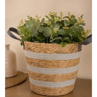 Cesto Organizador Fibra Natural Decorativo com Listras Azul Claro Decorativo e Organizador