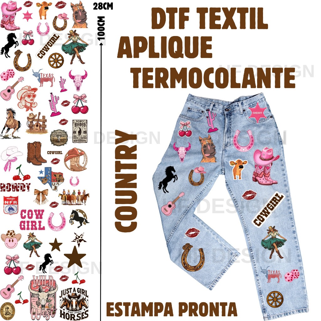 DTF Textil Impressão Country Adesivo Termocolante  Estampa Para Camisetas e Qualquer Tecido Estampas Ja Prontas
