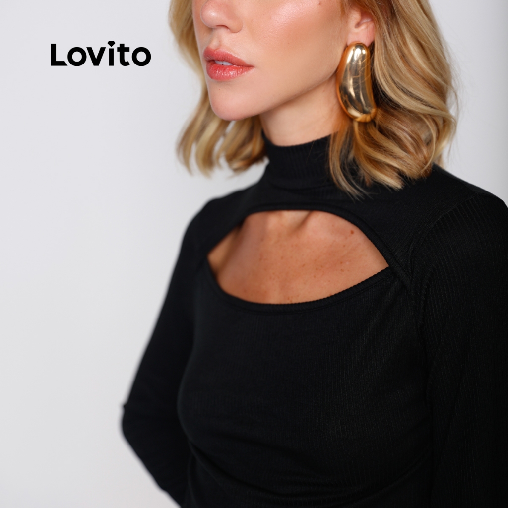 Lovito Blusa Casual Feminina Manga Longa com Abertura no Decote BLB17441774