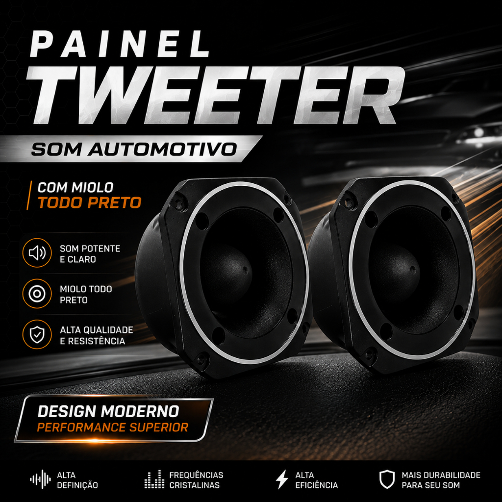 Painel Tweeter Zetta Tiger Preto Som Automotivo Com Miolo Aro Prata