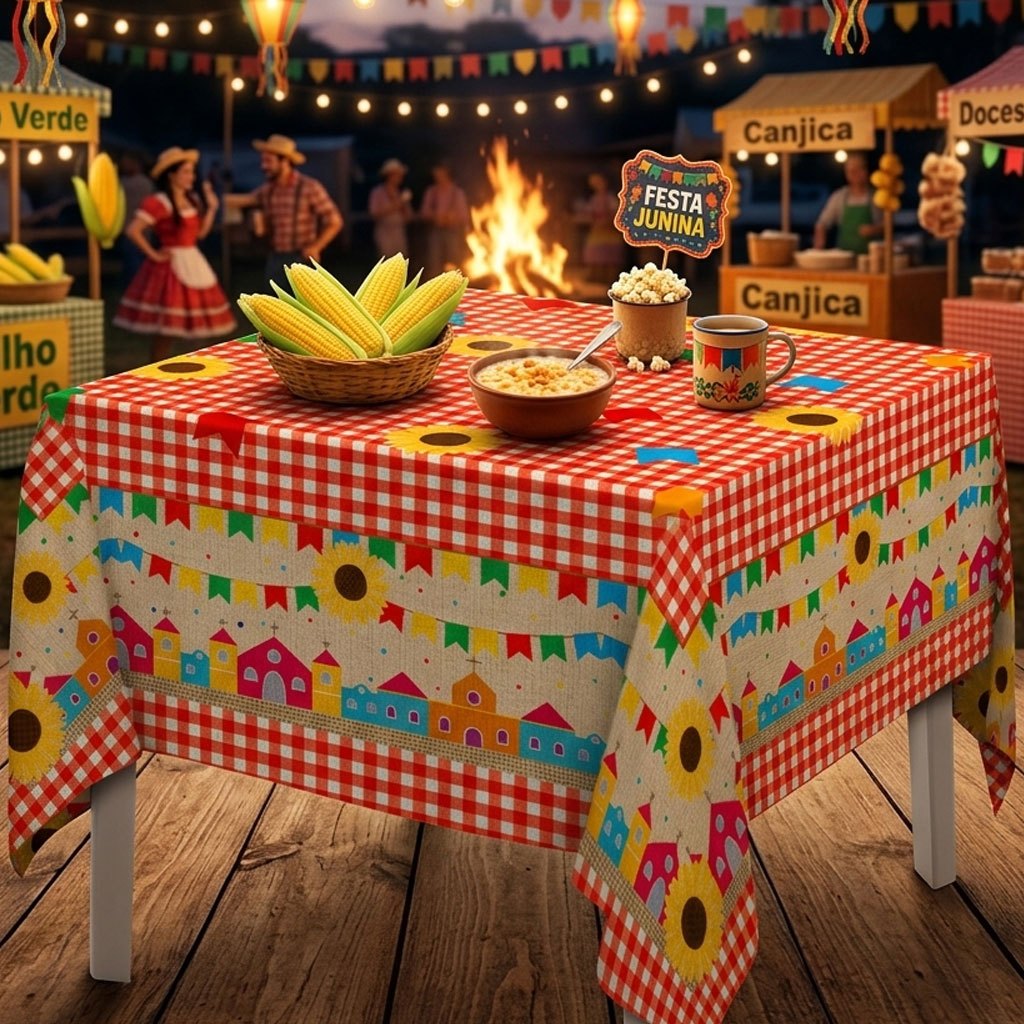Toalha de Mesa Decorativa para Festa Junina Sublimado em Tecido 150x150cm