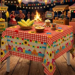 Toalha de Mesa Decorativa para Festa Junina Sublimado em Tecido 150x150cm