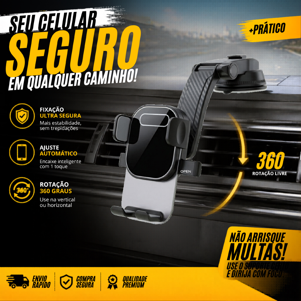 Suporte Celular Carro Veicular 360° Trava Automática Anti Queda GPS Universal Ventosa Painel Ar