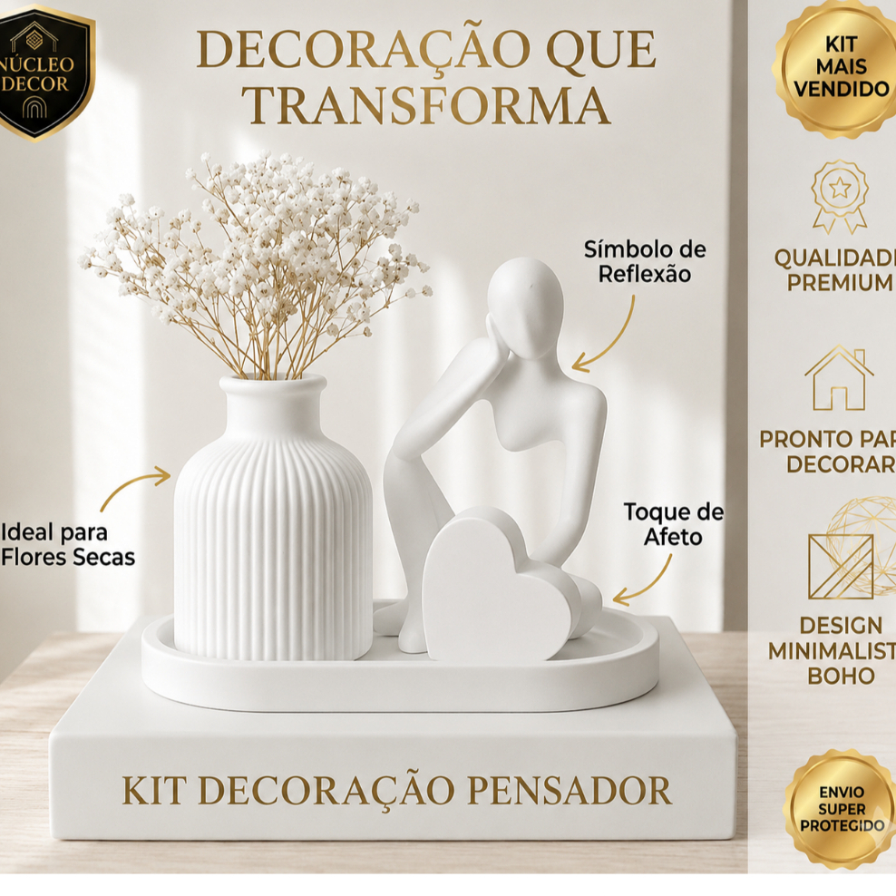 Decoração estilo minimalista vaso + bandeja + coração porta recado + pensador+ concha porta jóia