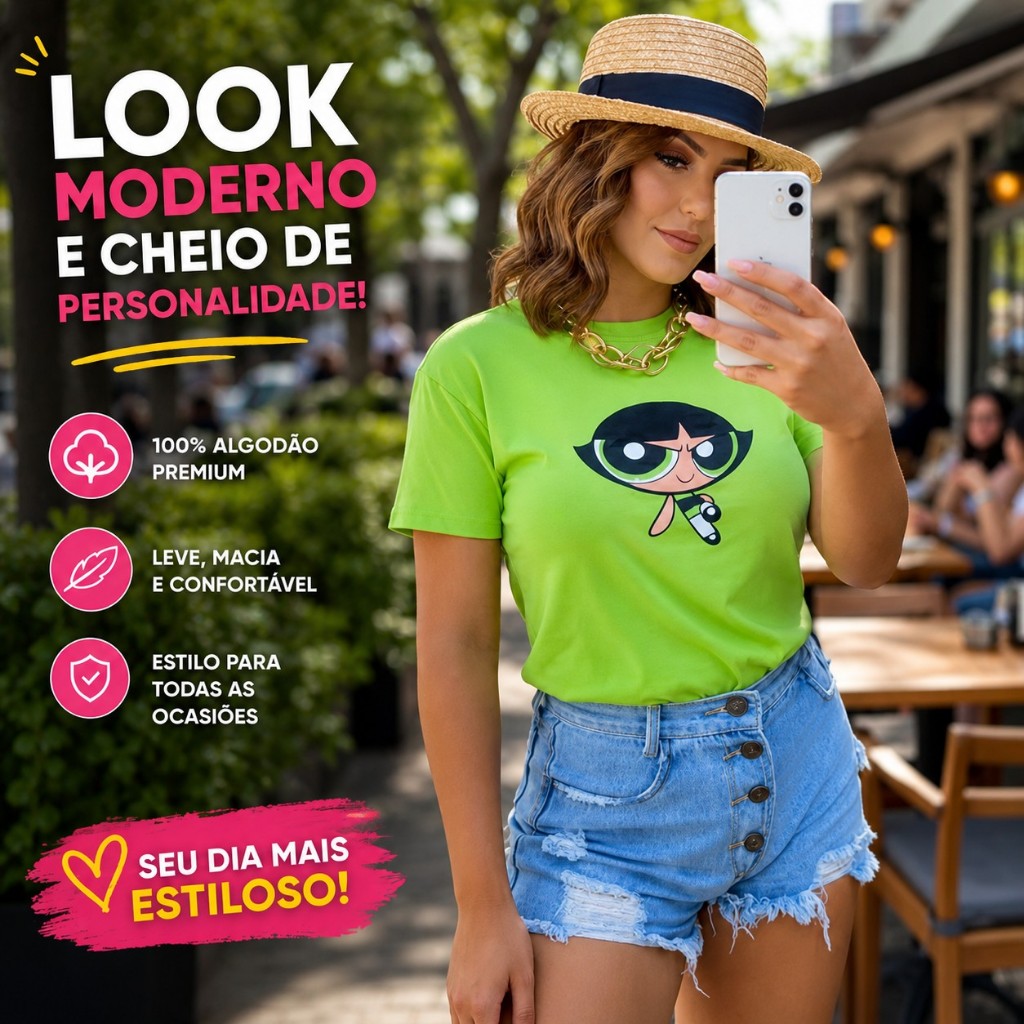 T-shirt Docinho Verde das Meninas Super Poderosas Camiseta Blusinha babylook verde festa das cores