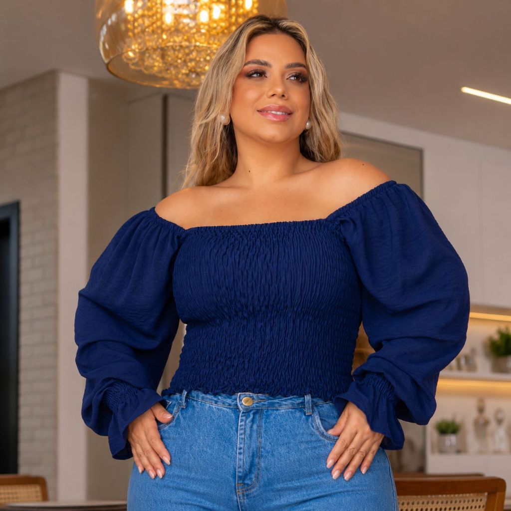 Cropped ciganinha feminino plus size com manga longa soltinha lastex versátil moderna blogueirinha casual chique