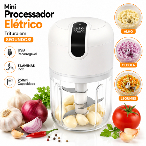Mini Processador Triturador Elétrico USB 250ml Portátil 3 Lâminas Inox Alho Cebola Legumes Temperos Recarregável