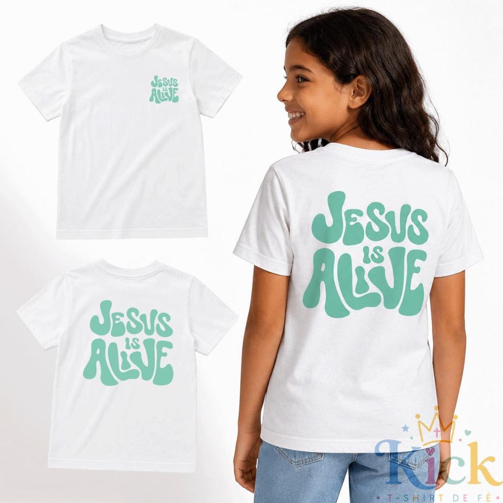 Camisa Camiseta Infantil Cristã Jesus Is Alive Kids Juvenil Unissex em Algodão para Meninos e Meninas