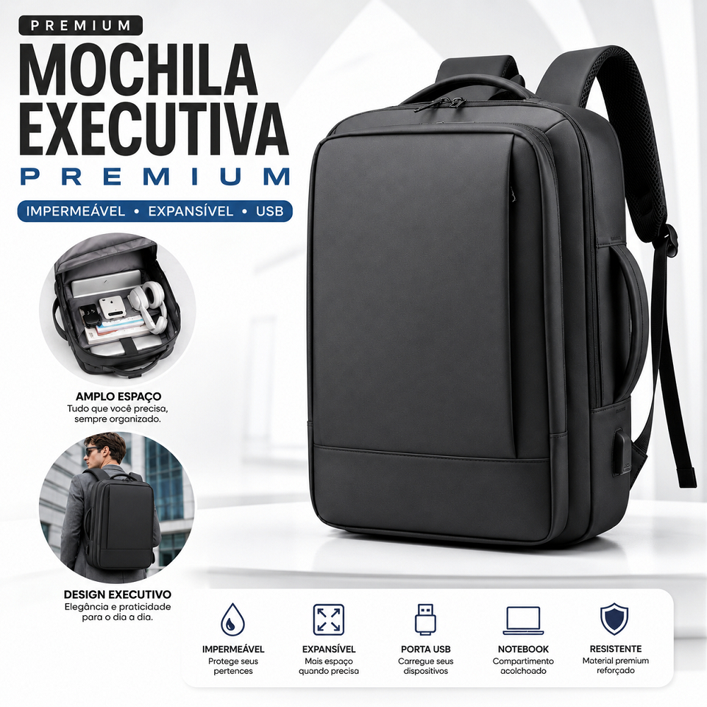 Mochila Executiva Impermeável Expansível Notebook USB Viagem Trabalho Faculdade Premium Masculina Grande Slim