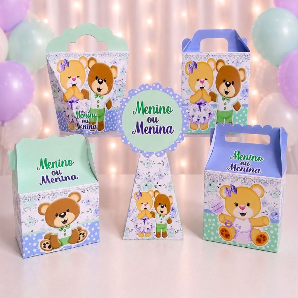 Kit 50 Caixas Chá Revelação Ursinho Verde e Ursinha Lilás(PEGUE E MONTE)-lembrancinha-caixinhas personalizadas