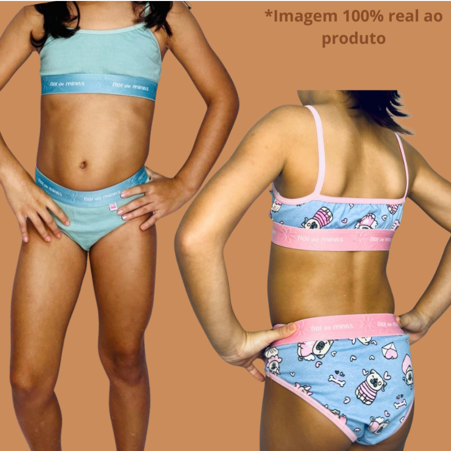 Conjunto Kit 6 ou 3 Infantil Juvenil Top e Calcinha Menina Moça Liso ou Estampado Confortável