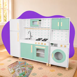 Cozinha Infantil Geladeira Máquina Lavar Verde Claro Madeira Faz de Conta Chef Brinquedo Kit Livro