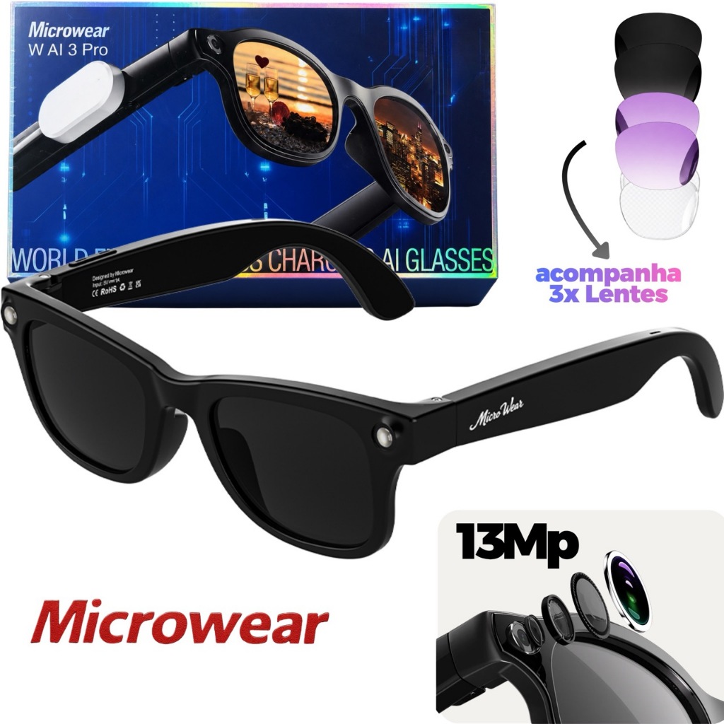 Smart Glasses óculos inteligente IA com câmera Sony 13MP