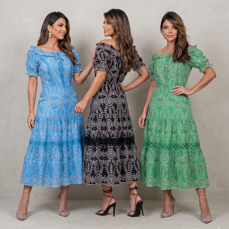 Vestido Midi Gisele Babados e Renda Ombro a Ombro Ciganinha Princesa Laise Festa Luxo CN
