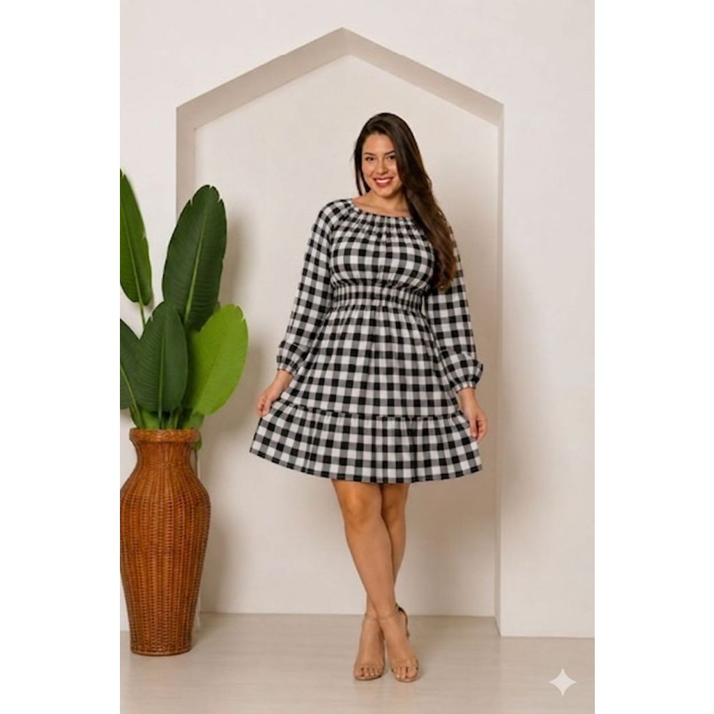 Vestido Curto Xadrez Tecido Crepe Manga Longa Lastex Na Cintura Crepe Outono Inverno Confortável