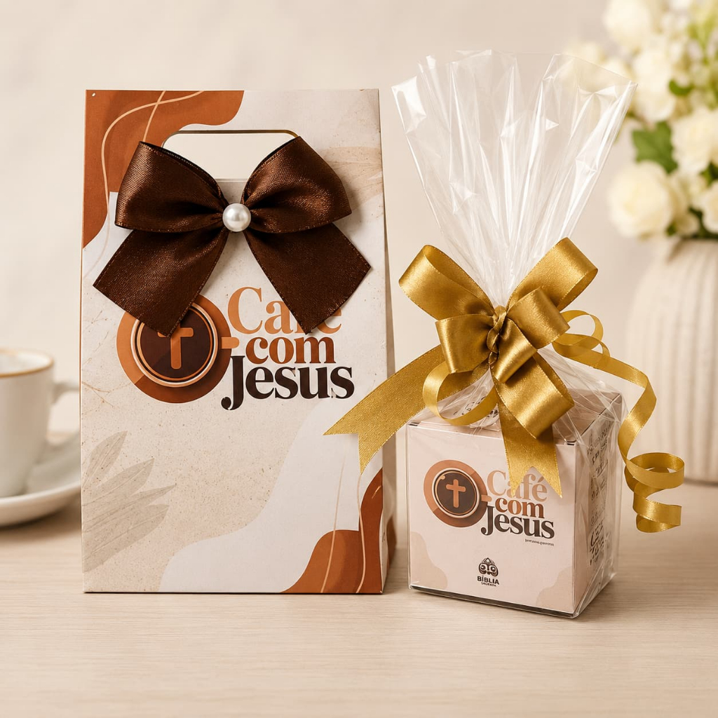 Kit Presente Caixinha Café com Jesus | Lembrancinha Café com Jesus Personalizada com Sacolinha