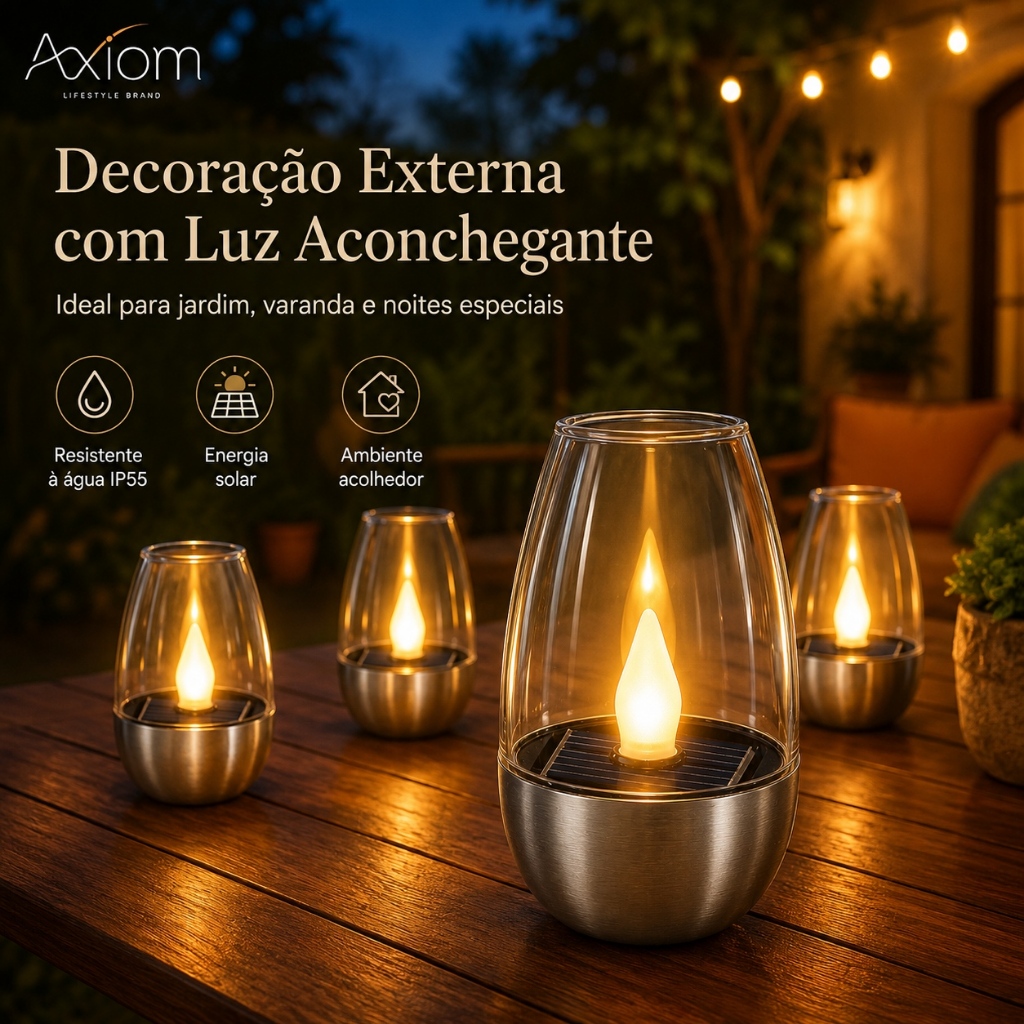 Luminária Solar Axiom Taça Vela LED Decorativa Jardim Quintal Impermeável IP55 Sensor Automático