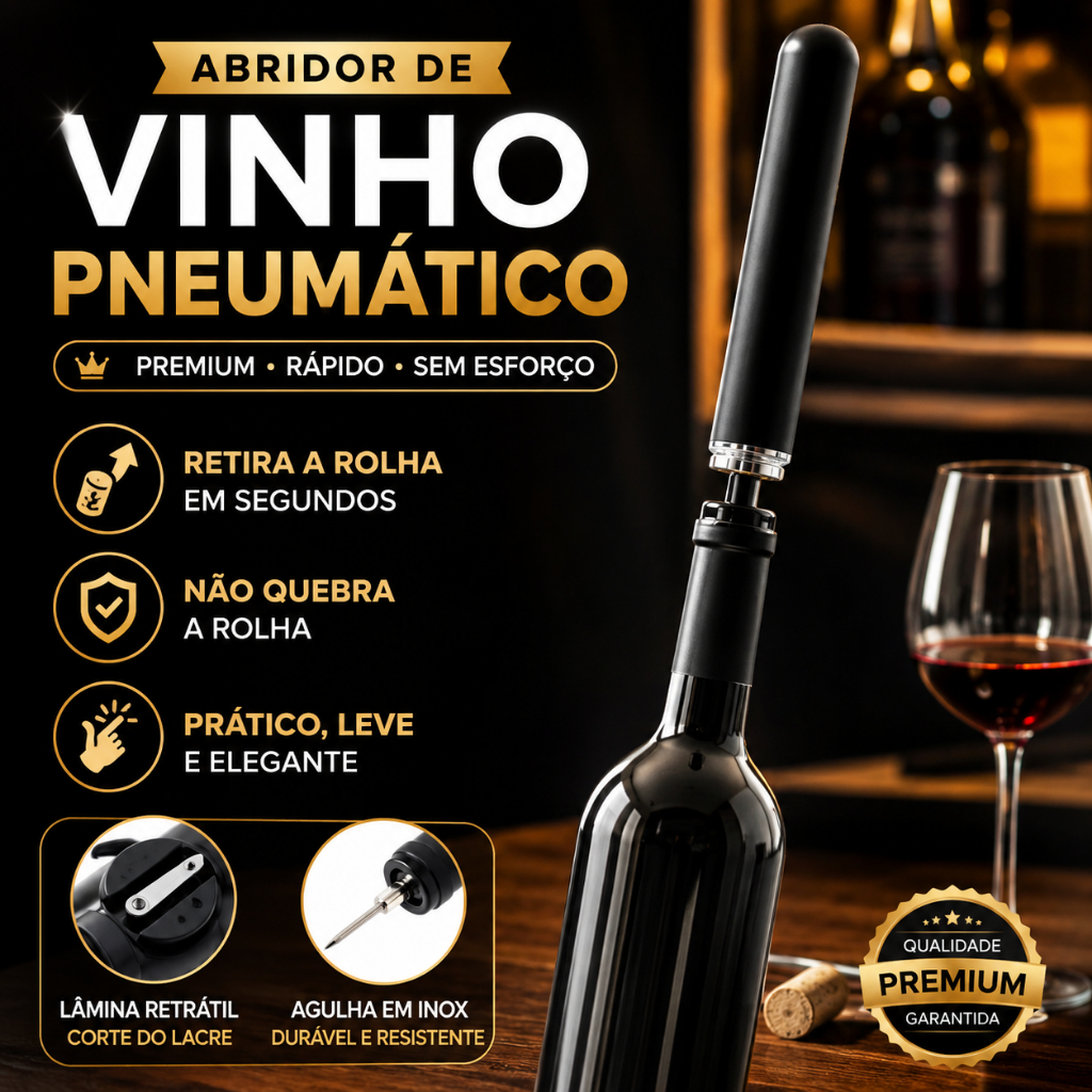 Saca Rolhas Abridor de Vinho Pneumático Ar Pressão Preto Profissional p/ Garrafa Sem Esforço Bomba