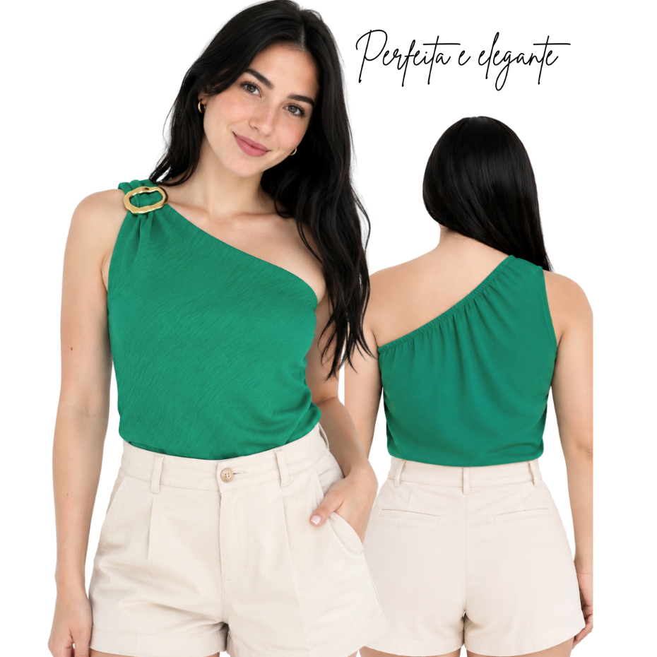 Blusa Feminina Ombro Único com Fivela Dourada Moda Elegante Tendência 2026