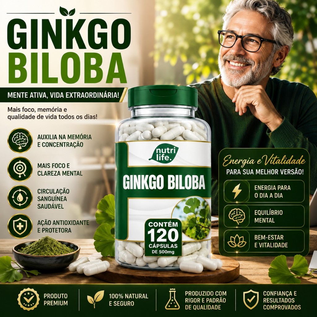 Ginkco Biloba Premium 120 Capsulas ginkgo 100% Puro original Foco Concentração memoria 500mg Nutri life